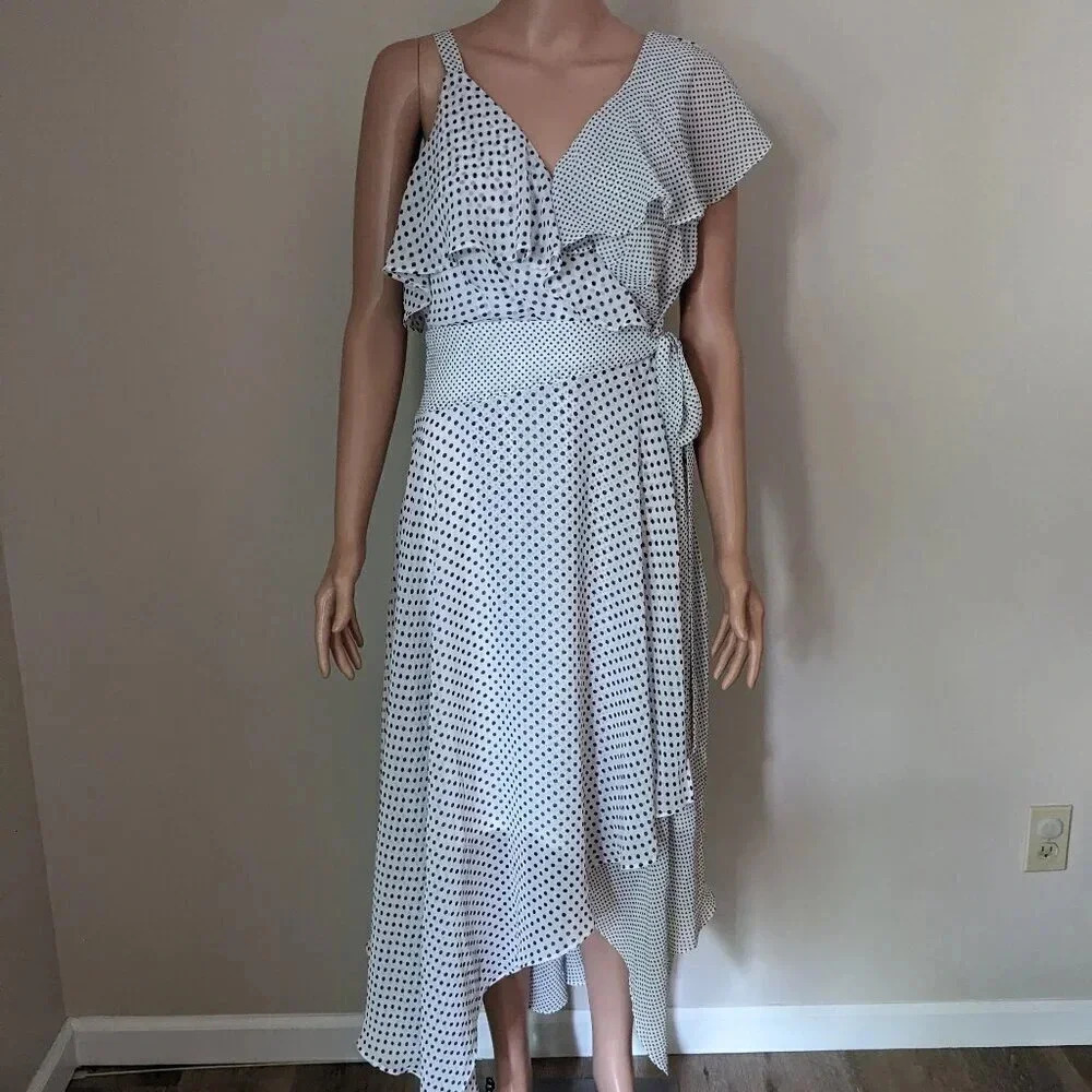 Sangria Polka Dot Dress Ruffle Faux Wrap Asymmetric 8 Black White Cocktail Flowy